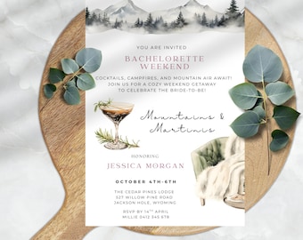 Mountains and Martinis Invite, Editable Bachelorette Itinerary, Girls Trip Weekend, Camping Adventure Template
