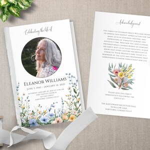 Puede incluir: Una tarjeta conmemorativa con una foto de Eleanor Williams, detalles florales y texto. La tarjeta incluye las fechas 3 de junio de 1942 - 14 de enero de 2025 y detalles de un servicio en la Primera Iglesia Bautista. También se incluye un agradecimiento.
