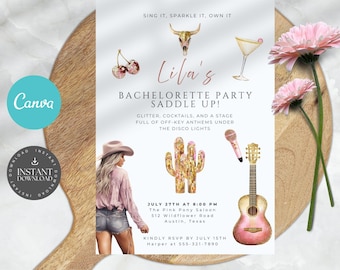 Modèle d'invitation de bachelorette cow-girl toile numérique modifiable carte de fête cow-girl bottes roses paillettes soirée entre filles discothèque western de Nashville