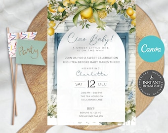 Invitaciones electrónicas para baby shower con limón, invitación digital cítrica, invitación electrónica editable para baby shower y diversión de verano, plantilla personalizable de Canva
