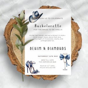 Denim and Diamonds Invitation, Birthday Dinner Invitation for Women, Instant Download Luxury Invitation, Cowgirl Event Evite, Canva Template