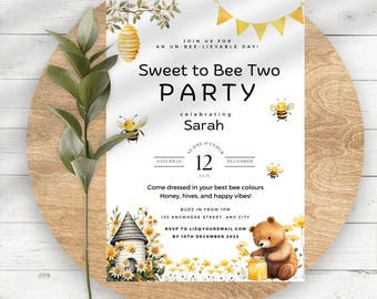 Sweet to Bee Two Birthday Invitation Canva Template, Honey Bee Party (Digital Download)