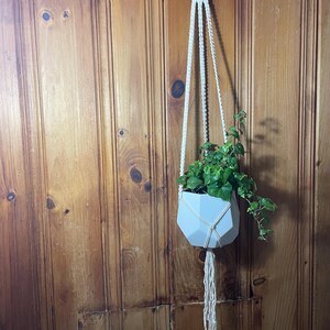 Könnte beinhalten: Ein weißer geometrischer Makramee-Pflanzenhänger mit einem weißen Keramiktopf und einer grünen, belaubten Pflanze, die an einer Holzwand hängt.