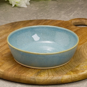 May include: A light blue ceramic bowl with a speckled finish and a light beige rim. The bowl is set on a round wooden cutting board with a handle. The background includes a gray surface and white flowers.