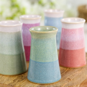 May include: Five ceramic vases in shades of green, blue, pink, and purple. Each vase features a two-tone design with a white rim. The vases are displayed on a wooden chopping board.