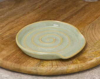 Handcrafted Stoneware Spoon Rest: Forest Mist Green, Swirl Pattern