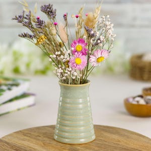 Handmade Pale Green Ceramic Bud Vase Striped Texture For Small Bouquets, Calm Green Conical Pottery Fragrance Diffuser