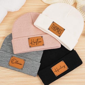 Personalize Baby Beanie, Leather Patch Beanies for Baby, Kid Knitted Winter Hat, Infant Beanie with Name, Unisex Baby Hats, Baby Shower Gift