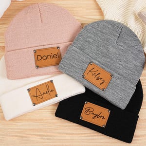 Custom Baby Beanie Hat, Personalized Baby Name Hat, Leather Name Patch Beanie, Infant Beanie with Name, Baby Shower Gift, Newborn Gift