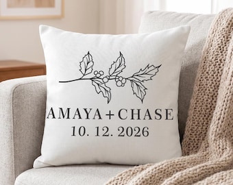 Funda de almohada personalizada para parejas, regalo de boda botánico, decoración de aniversario, cojín con nombre y fecha personalizados, detalle decorativo para el hogar de los recién casados.