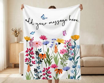 Coperta floreale personalizzata, regalo con messaggio personalizzato, decorazione botanica con fiori selvatici per la casa, regalo accogliente per lei