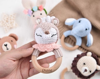 Personalized Crochet Baby Rattle, Animal Rattle with Name, Baby Shower Gift, Crochet Toy Rattle for Babies, Baby Grasping Toy, Newborn Gifts