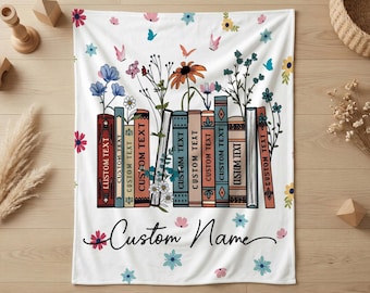 Personalized Book Lover Blanket, Floral Book Stack Throw, Custom Name Reading Gift For Bookworm