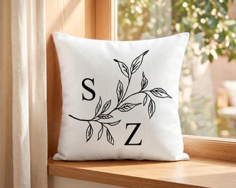 Funda de almohada personalizada para parejas, funda de almohada con inicial botánica, regalo de inauguración de casa, decoración personalizada para el hogar, cojín decorativo minimalista.