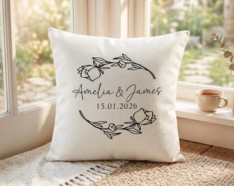 Funda de almohada personalizada para parejas, regalo de aniversario con nombre, regalo de boda para parejas, decoración romántica para el dormitorio, funda de cojín floral minimalista