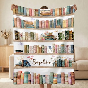 Coperta personalizzata per amanti dei libri, regalo floreale per la lettura con libreria, accogliente coperta da biblioteca per la camera da letto dei lettori
