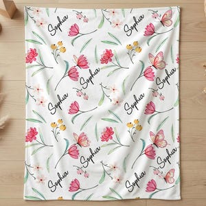 Personalized  Floral Butterfly Name Baby Blanket, Custom Kids Gift, Nursery Bedding, Sweet Garden Theme Throw