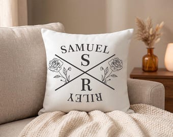 Funda de almohada con monograma personalizado, cojín decorativo con nombre de pareja, regalo de boda para pareja, decoración para inauguración de casa, elegante detalle decorativo para el hogar de estilo rústico.