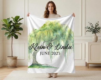 Manta de boda con nombre personalizado, regalo para parejas de Willow Tree, manta de aniversario con nombre personalizado, recuerdo romántico para recién casados