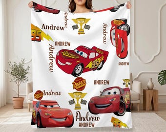 Personalisierte Auto-Liebhaber-Decke, Rennwagen-Namensdecke für Kinder, Lightning Mcqueen inspiriertes Geschenk, Mittagsnickerchen-Bettwäsche für Kleinkinder