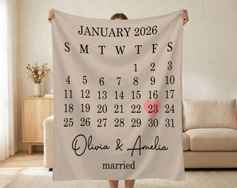 Manta de boda personalizada, calendario personalizado, regalo para parejas, recuerdo de aniversario para recién casados, regalo romántico de compromiso, manta con nombre personalizado