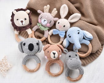 Sonajero personalizado para bebé, juguete para recién nacido hecho a mano, sonajero de ganchillo para bebé, sonajero para recién nacido, regalo para sobrino o sobrina.