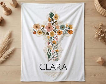 Copertina personalizzata con croce floreale per battesimo, regalo cristiano per lei, coperta con scritta "Fede" per il battesimo, decorazione per la stanza della preghiera, copertina religiosa con nome.
