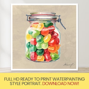 Bonbonglas Aquarell Porträt, Süßigkeit Illustration, Küchen Dekor, Cafe Poster, Full HD druckbare Poster, digitale Downloads, PNG