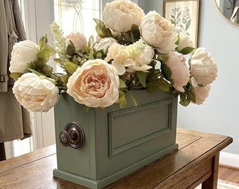 Farmhouse Wooden Centerpiece Box with Peonies or Hydrangeas, Antique Copper or Brushed Silver Knobs, Cottage Charm Planter Box
