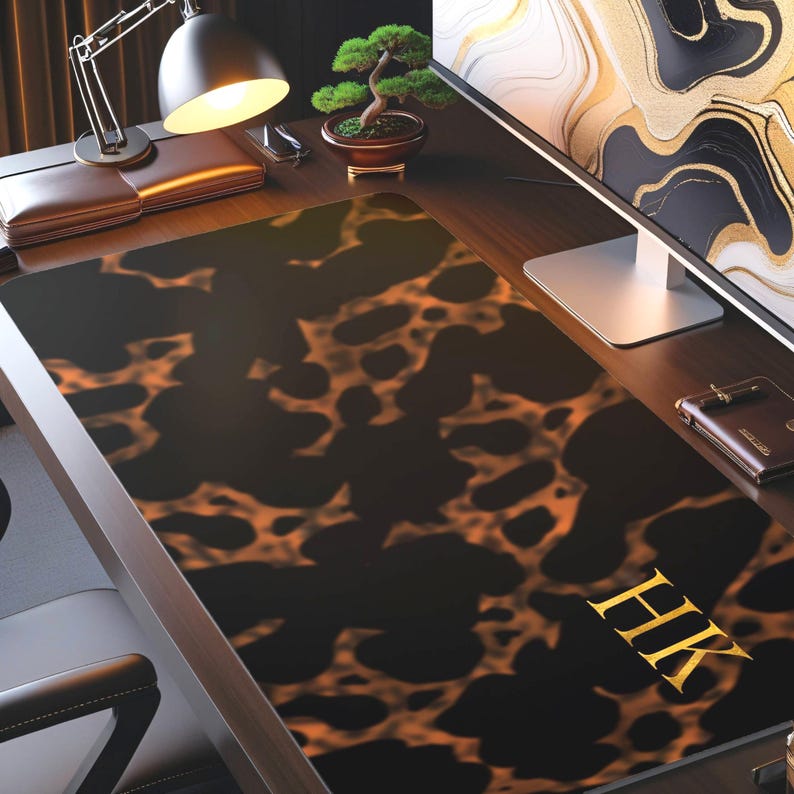 Home Decor, Desk Office Tech Accessory, Custom Luxury Tortoise Shell Look Desk Mat, Personalized Classic Gold Initial Mouse Pad, Desk Mat image 4