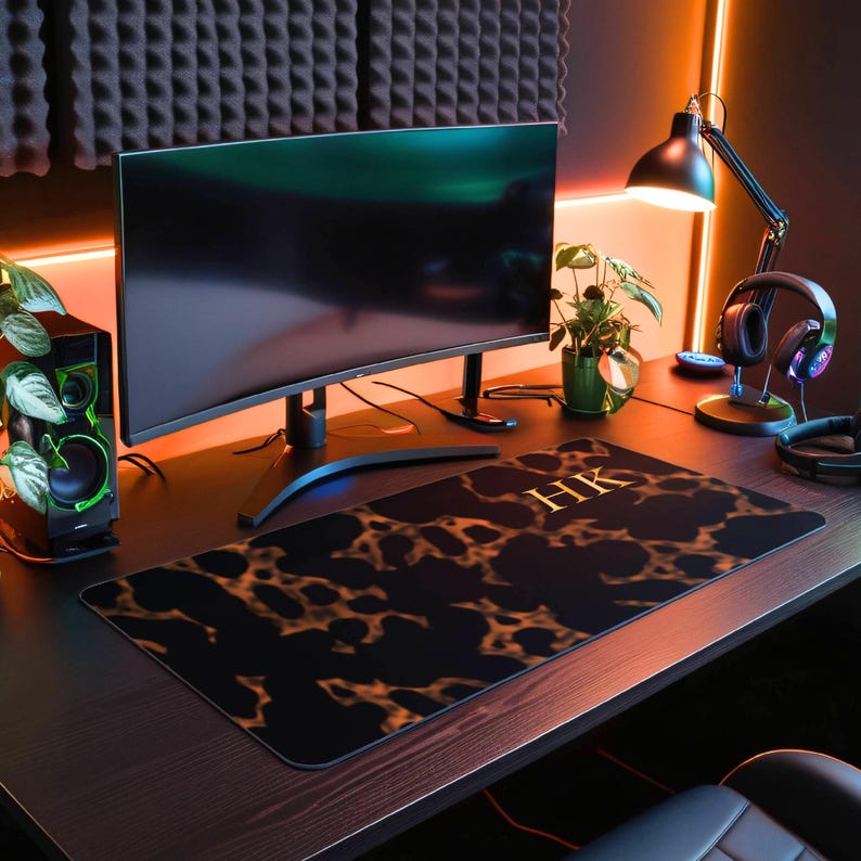 Home Decor, Desk Office Tech Accessory, Custom Luxury Tortoise Shell Look Desk Mat, Personalized Classic Gold Initial Mouse Pad, Desk Mat image 2