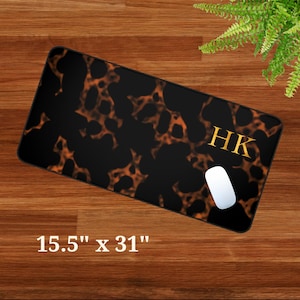 Home Decor, Desk Office Tech Accessory, Custom Luxury Tortoise Shell Look Desk Mat, Personalized Classic Gold Initial Mouse Pad, Desk Mat image 6