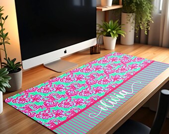 Home Office Decor, Desk Accessory, Customized Bold Flowers & Stripes Desk Mat, Personalized Cute Floral Stripes Mouse Pad, Tabletop Play Mat