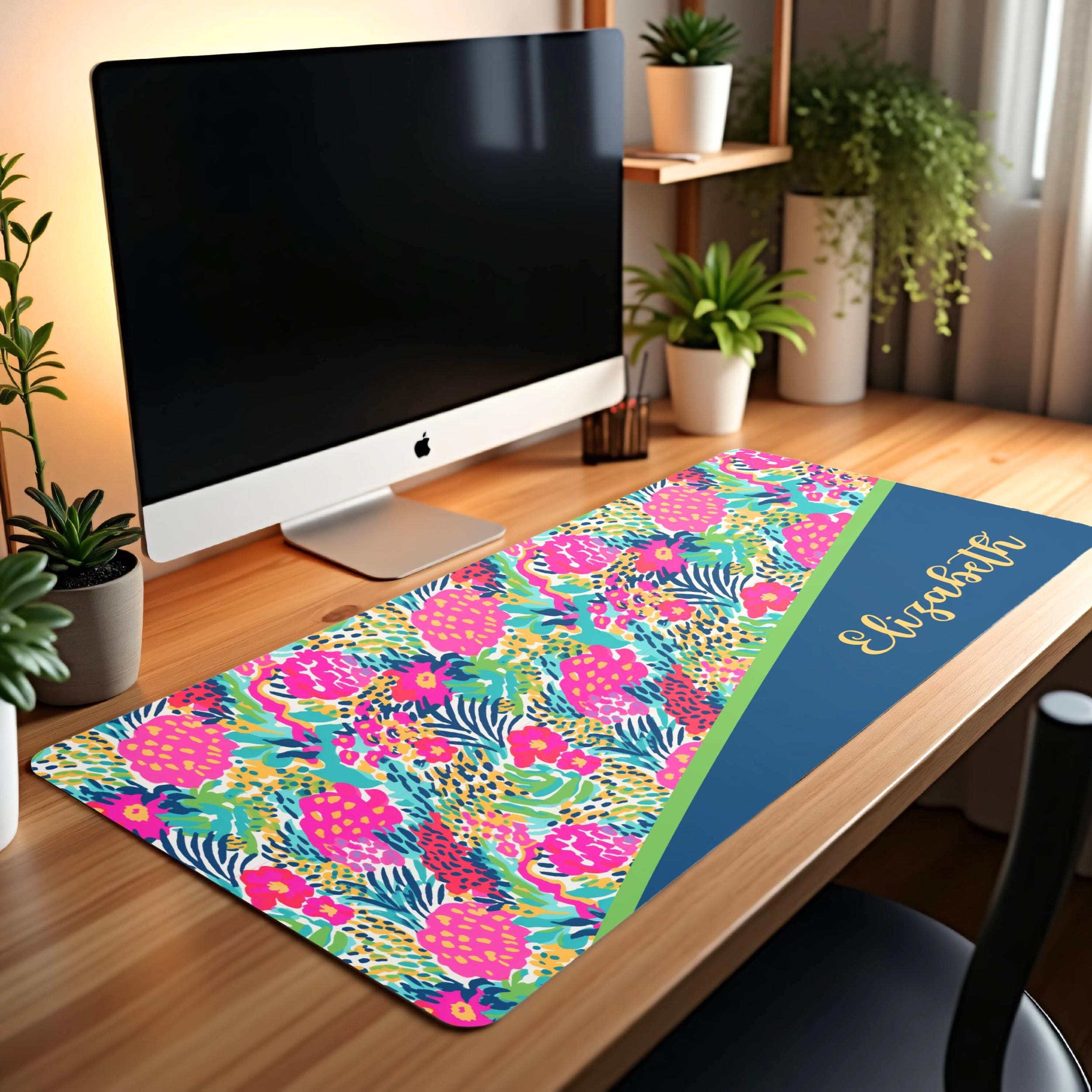 Home Office Decor, Desk Accessory, Customized Preppy Coquette Bows Desk Mat, Personalized Pink Floral Mouse Pad, Bedroom, Tabletop, Play Mat