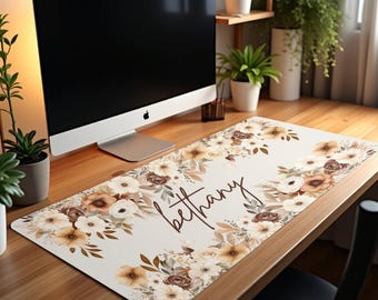 Home Decor, Desk Office Tech Accessory, Customized Boho Flowers Desk Mat, Personalized Boho Floral Mouse Pad, Tabletop Play Mat, Remote Work