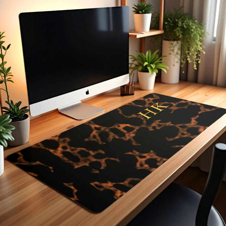 Home Decor, Desk Office Tech Accessory, Custom Luxury Tortoise Shell Look Desk Mat, Personalized Classic Gold Initial Mouse Pad, Desk Mat image 1
