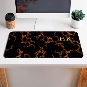 Home Decor, Desk Office Tech Accessory, Custom Luxury Tortoise Shell Look Desk Mat, Personalized Classic Gold Initial Mouse Pad, Desk Mat image 3