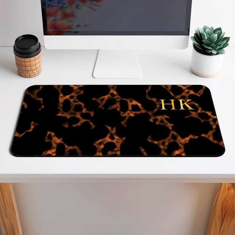 Home Decor, Desk Office Tech Accessory, Custom Luxury Tortoise Shell Look Desk Mat, Personalized Classic Gold Initial Mouse Pad, Desk Mat image 3