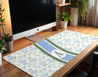 Home Decor, Desk Office Tech Accessory, Customized Cute Floral Preppy Initial Desk Mat, Personalized Chinoiserie Mouse Pad Tabletop Play Mat
