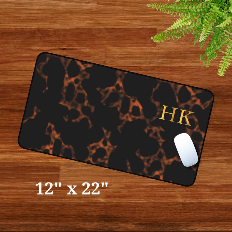 Home Decor, Desk Office Tech Accessory, Custom Luxury Tortoise Shell Look Desk Mat, Personalized Classic Gold Initial Mouse Pad, Desk Mat image 7