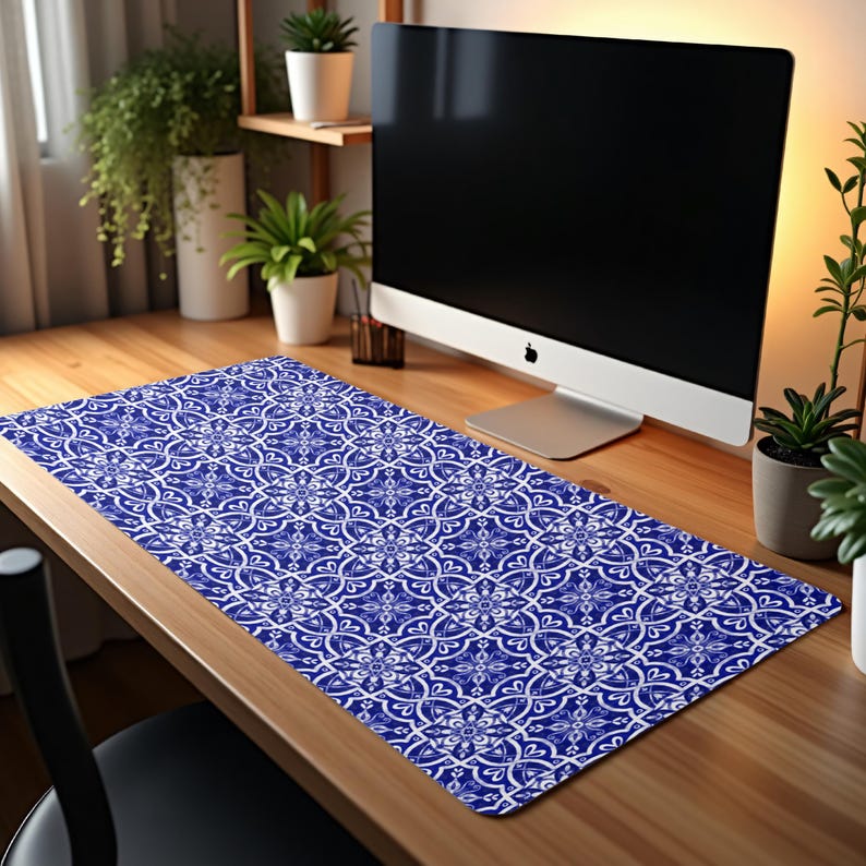 May include: A blue and white patterned desk mat with a geometric design. The mat is on a wooden desk with a computer monitor on the desk.