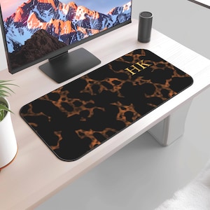 Home Decor, Desk Office Tech Accessory, Custom Luxury Tortoise Shell Look Desk Mat, Personalized Classic Gold Initial Mouse Pad, Desk Mat image 5