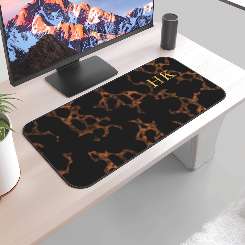 Home Decor, Desk Office Tech Accessory, Custom Luxury Tortoise Shell Look Desk Mat, Personalized Classic Gold Initial Mouse Pad, Desk Mat image 5