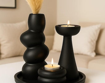 Minimalist Black Vase and Candle Holder Set with Tray – Handmade Stone Powder Home Decor – Modern Tabletop Decoration