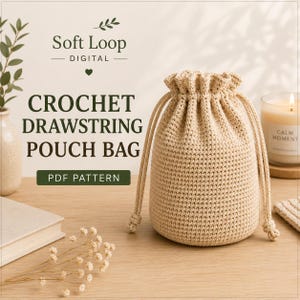 May include: A beige crochet drawstring pouch bag with a textured stitch pattern and matching cord ties. The text Soft Loop Digital, Crochet Drawstring Pouch Bag, and PDF Pattern is visible in dark green lettering against a light background.