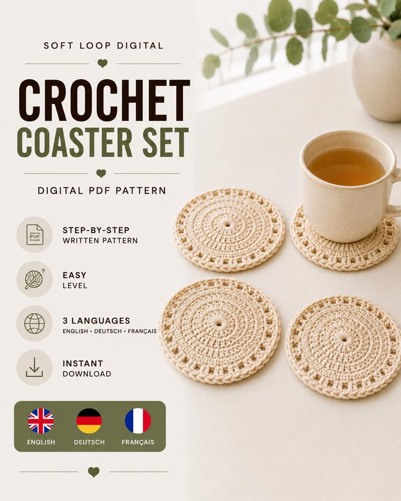Pode incluir: Um padr&atilde;o digital em PDF para um conjunto de bases para copos em croch&eacute; intitulado Soft Loop Digital. A imagem mostra tr&ecirc;s bases redondas em croch&eacute; de cor creme com uma borda texturizada, uma das quais suporta uma caneca de cer&acirc;mica.