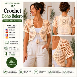 Pode incluir: Um padrão PDF digital para um bolero de crochê na cor creme com um design de grade vazado, mangas curtas, borda festonada e fecho frontal com borlas. A parte de trás apresenta um motivo quadrado central.