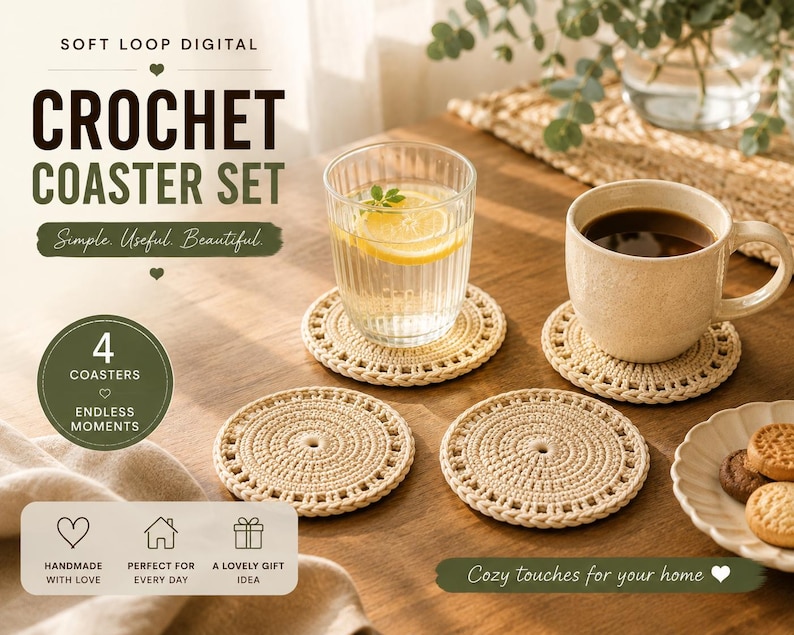 Pode incluir: Um conjunto de quatro bases para copos redondas em croch&eacute; bege, com um padr&atilde;o circular texturado e uma borda decorativa rendada. As bases s&atilde;o exibidas ao lado de um copo de &aacute;gua com lim&atilde;o, uma caneca de cer&acirc;mica e um prato com bolachas.