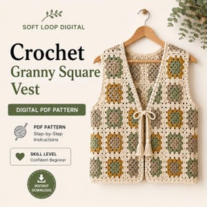 May include: A crochet granny square vest featuring a pattern of cream, sage green, and mustard yellow squares. The vest has a V-neckline, a front tie closure with tassels, and is displayed on a wooden hanger. Text reads: SOFT LOOP DIGITAL Crochet Granny Square Vest DIGITAL PDF PATTERN PDF PATTERN Step-by-Step Instructions SKILL LEVEL Confident Beginner INSTANT DOWNLOAD.