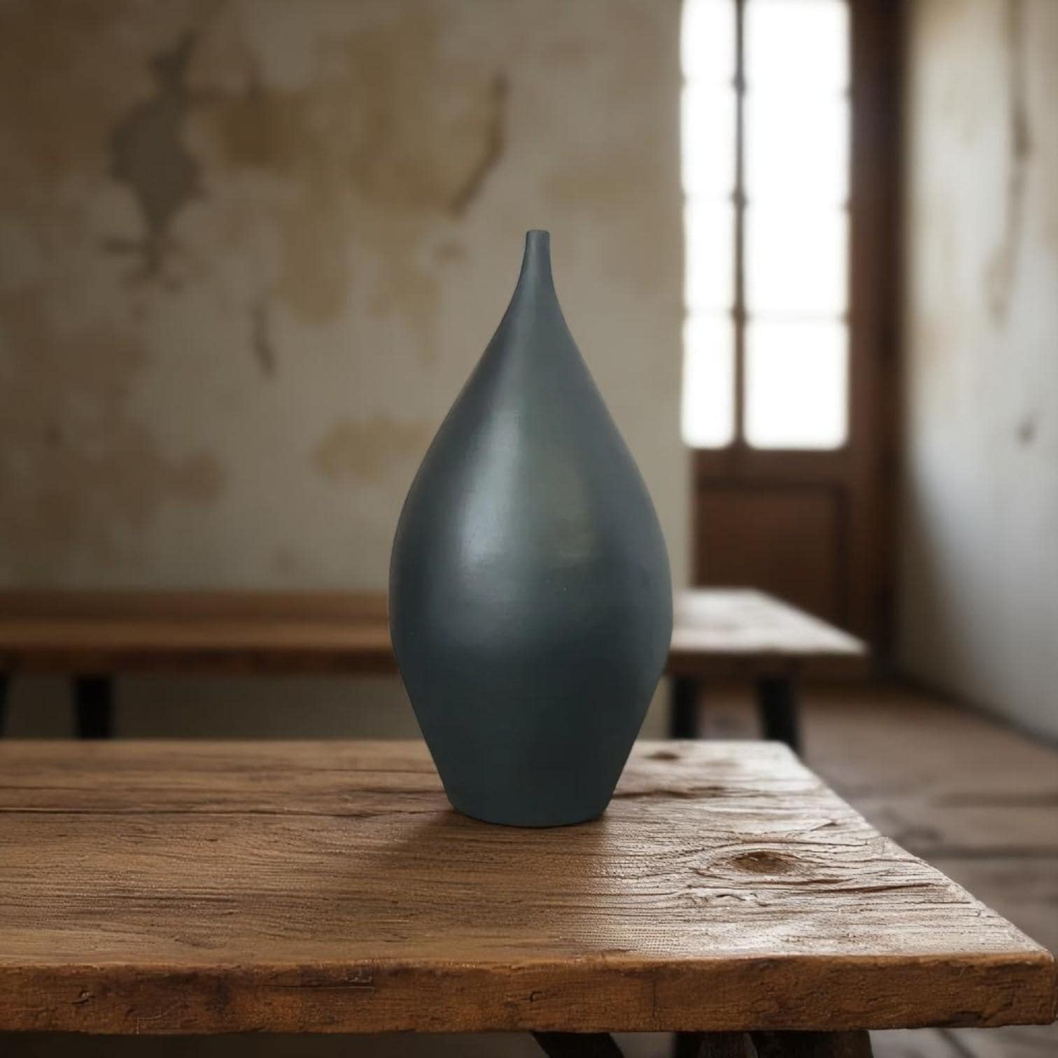 Tall Matte Black Handmade Vase, Sculptural Stone Powder Vase, Japandi Minimalist Home Decor, Black Modern Art Object For Office Decor